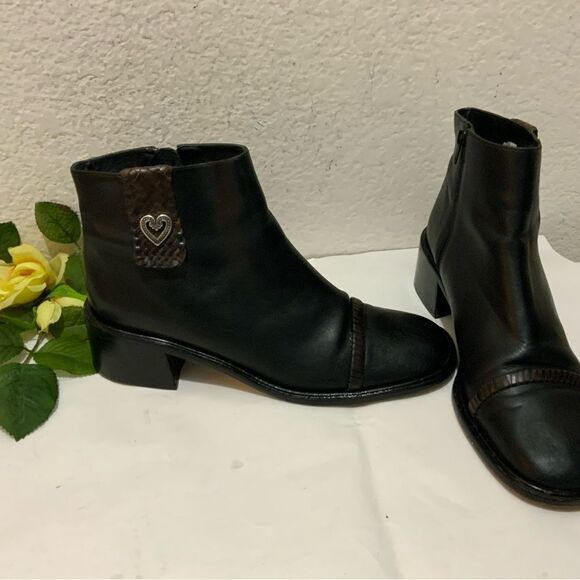 Brighton Lonnie Black Leather Cap Toe Zip Up Block Heel Ankle Boots Women's 9 N - Picture 2 of 13